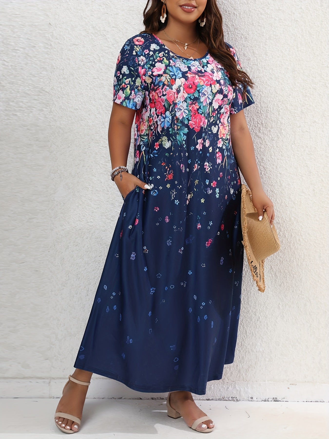  Floral Print Short Sleeve Maxi Dress With Pockets