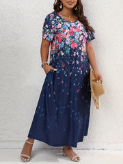  Floral Print Short Sleeve Maxi Dress With Pockets