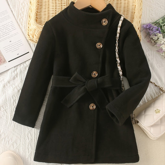Baby Girls Solid Jacket Stand Collar Bow Belt Long Sleeve Button Warm Coat
