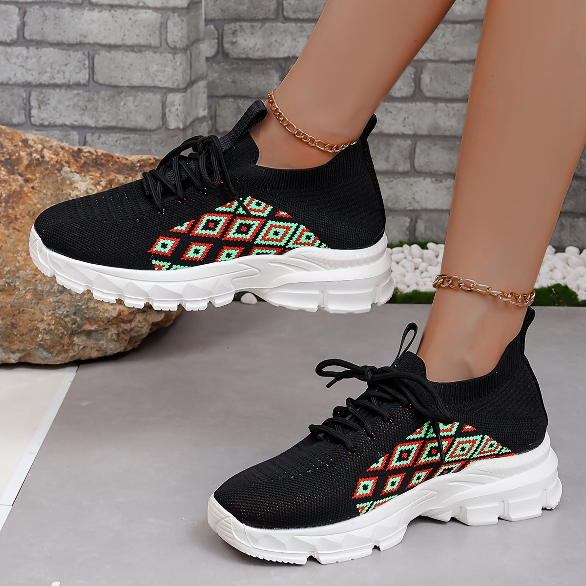 Women's Argyle Lace up Running Shoes Lightweight Sports Sneakers
