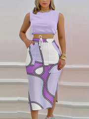 Casual Skirt Set Crop Tank Top & Print Side Split Skirt Outfits