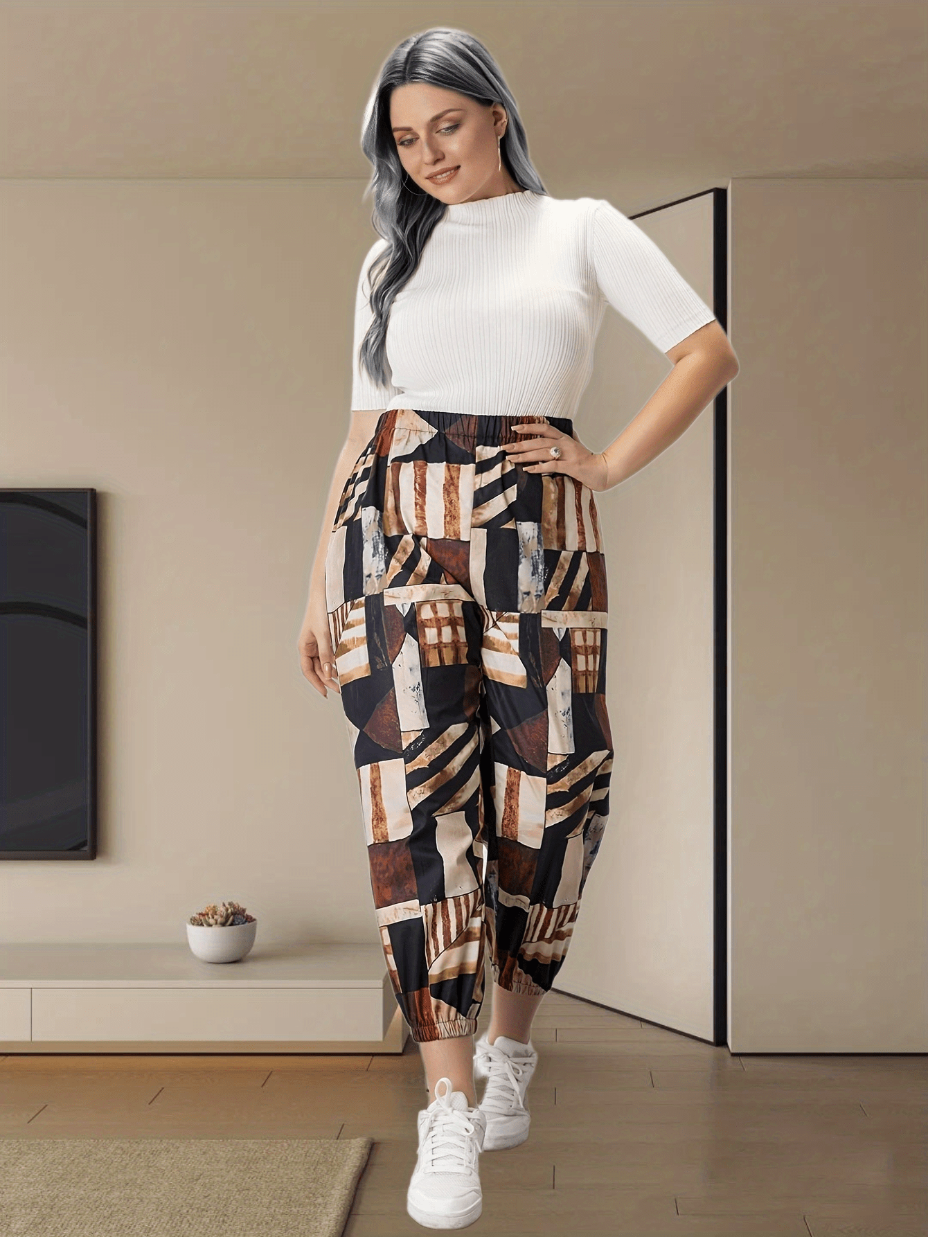  Colorblock Print Elastic Tapered Leg Pants