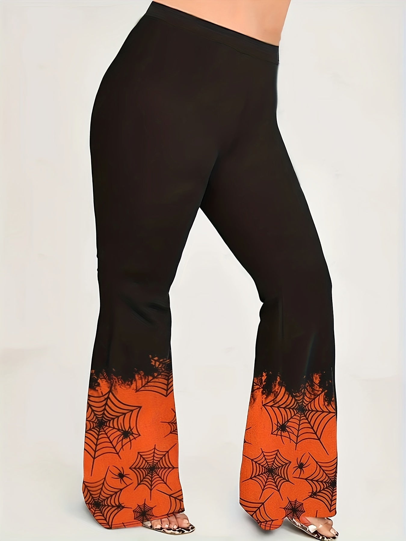 Women's Plus Spider Web Print Elastic High Rise Flared Leg Trousers
