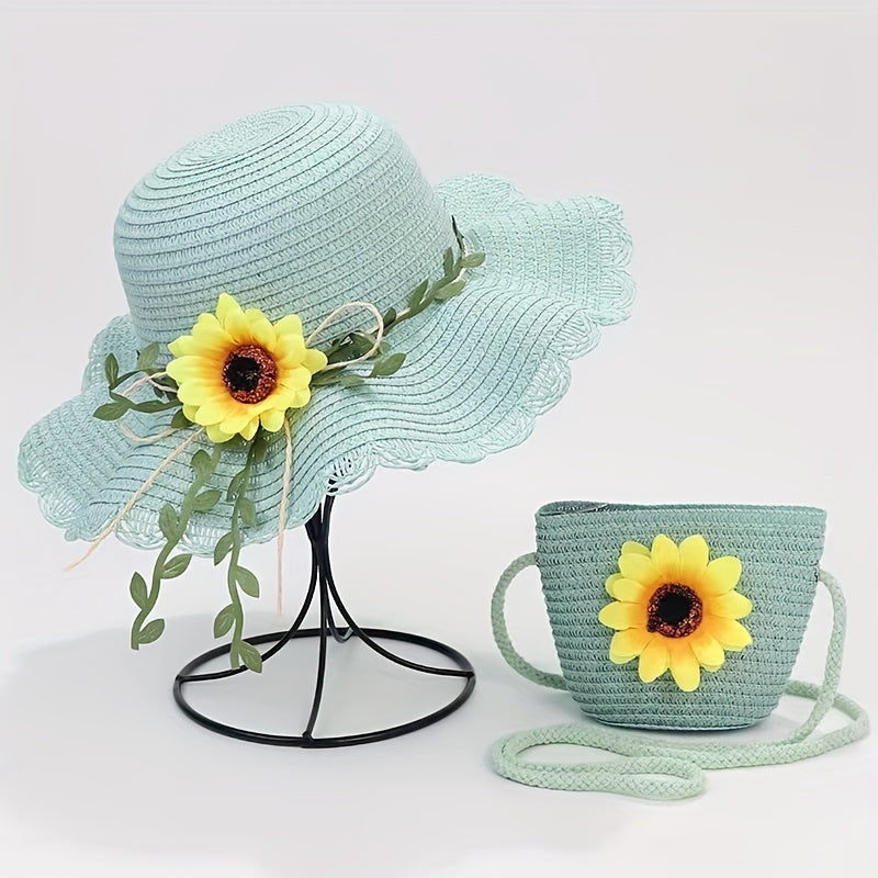 Girls Ruffled Straw Hat & Crossbody Bag Set with Sunflower Decoration
