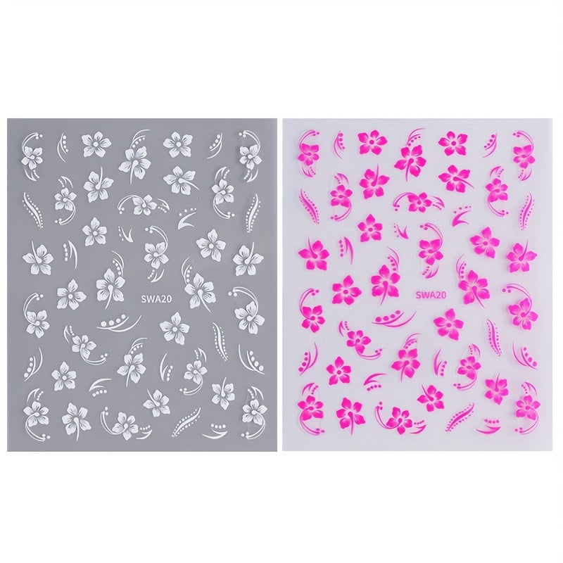 2pcs Hawaiian Floral Nail Art Stickers Pink & Flowers Tropical Leaves & Hibiscus