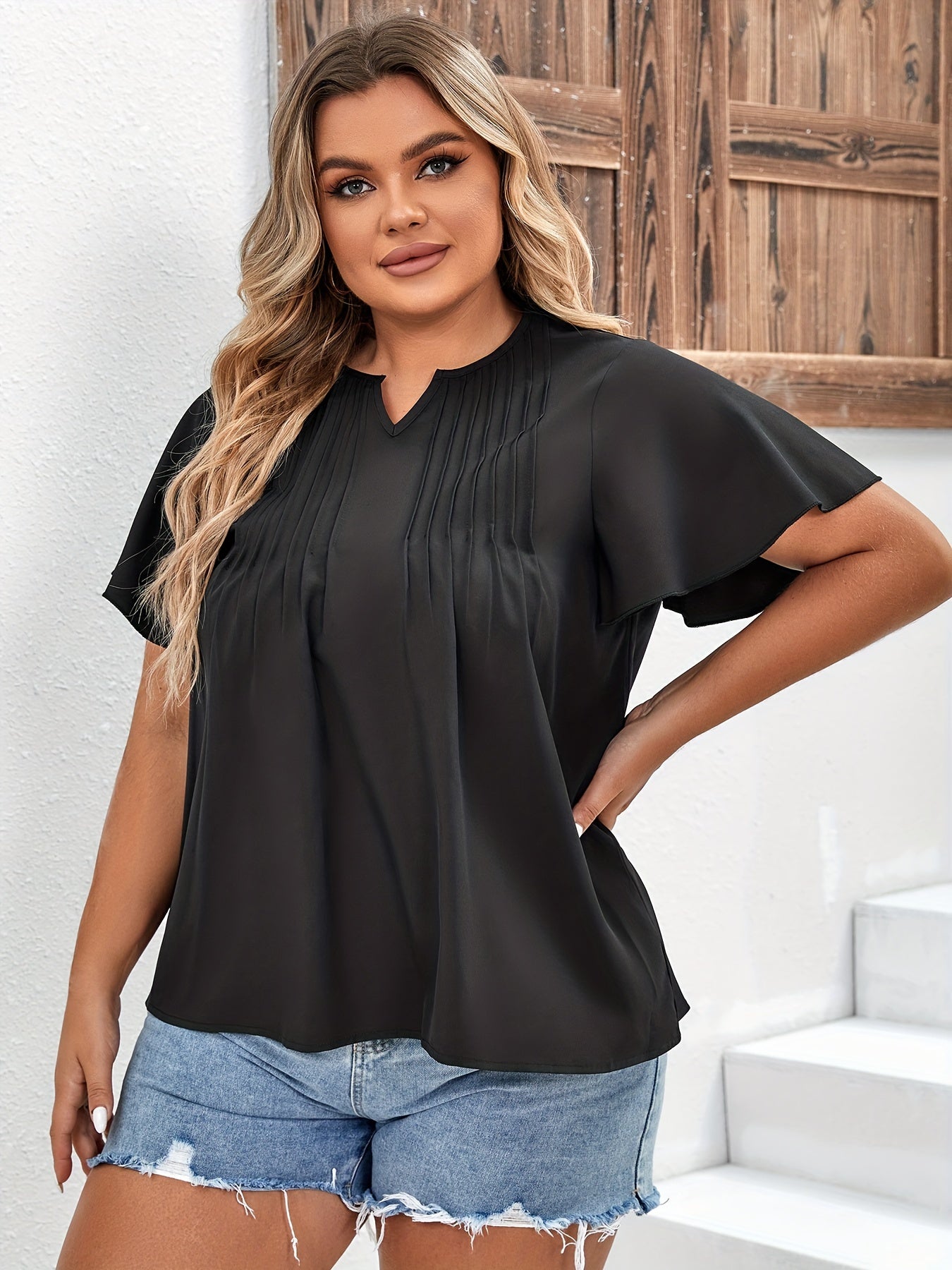  Ribbed Cap Sleeve Notched Neck Blouse