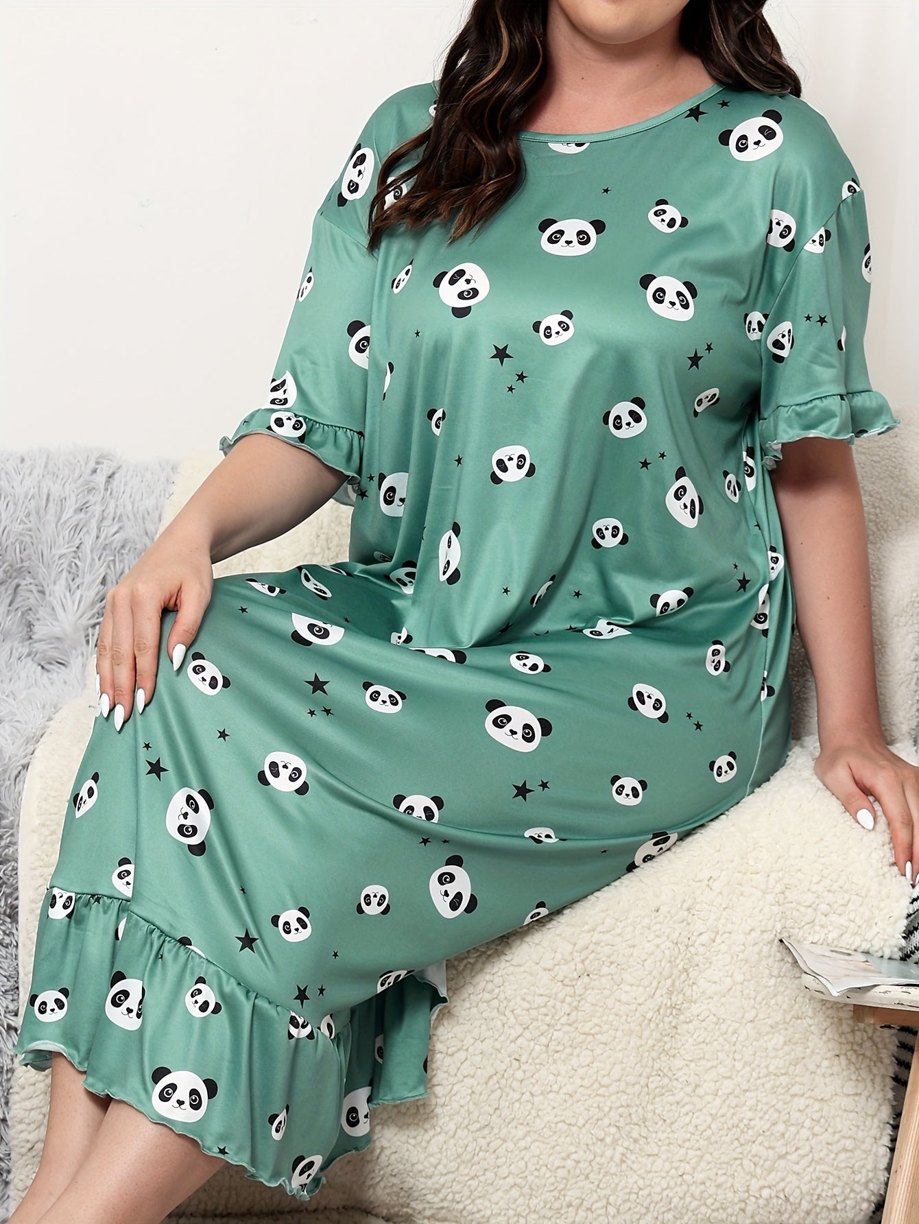  Panda & Star Print Ruffle Trim Sleep Dress