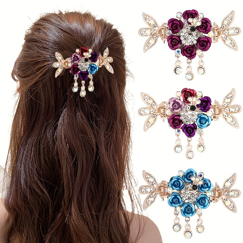 Rose Rhinestone Tassel Hair Clip Mixed Colors Girls Hairpins Clamps Crab