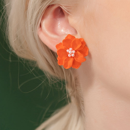 Orange Camellia Flower Stud Earrings For Women Girls 1Pair