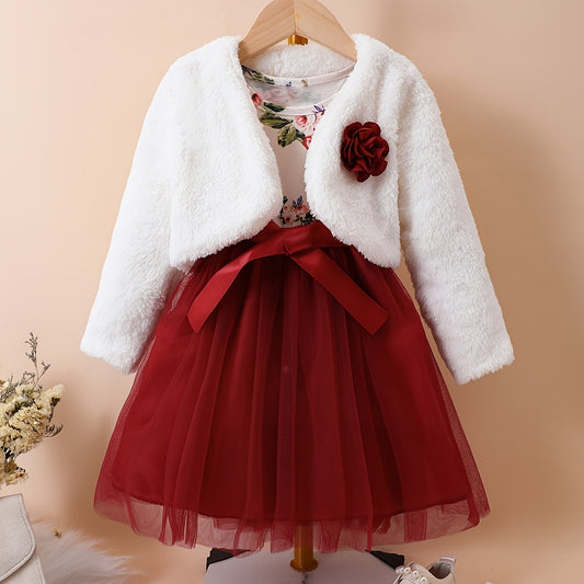 Girl's Floral Mesh Dress & Cardigan Set Casual Outfits Spring Autumn