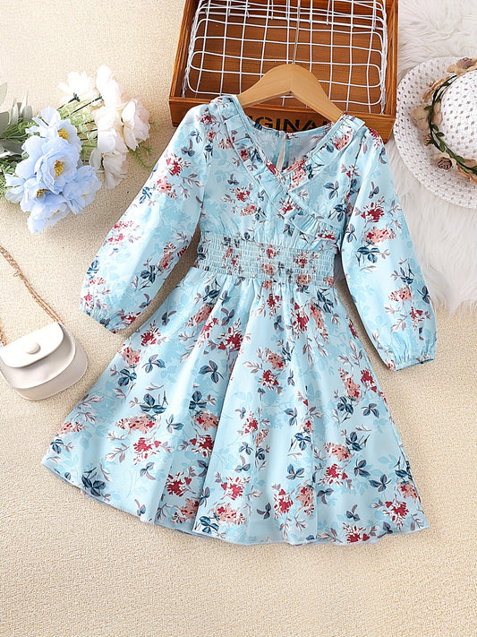 Girls Shirred Waist V Neck Flowers Dress for Spring and Autumn