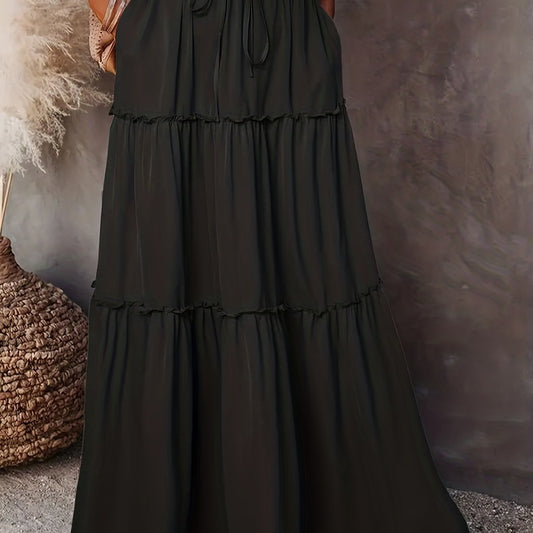 Ruched Maxi Skirt Solid Color Drawstring Waist Casual Elastic
