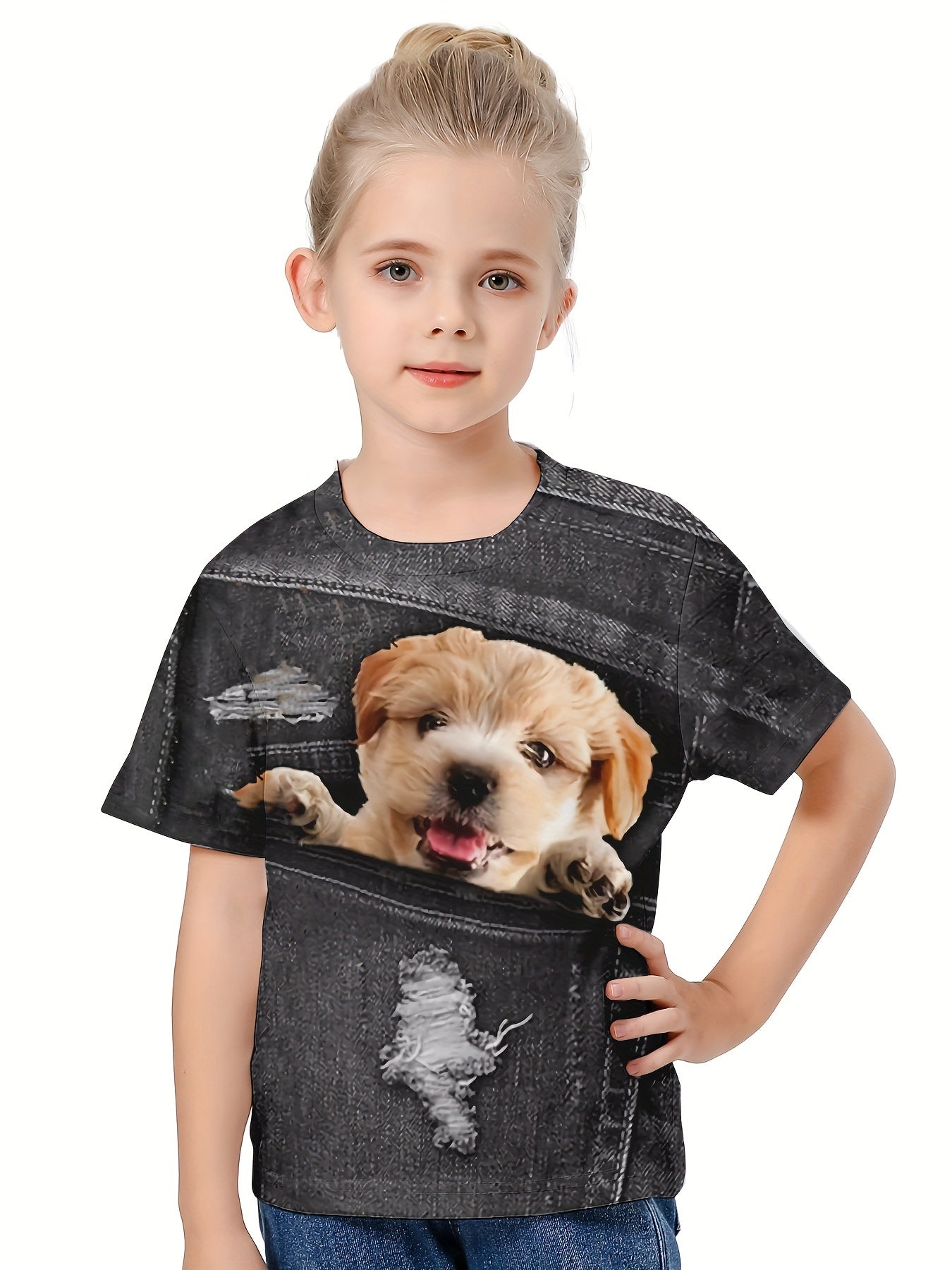 Kids 3D Dog Graphic Tee Breathable Summer Pullover Sports Top