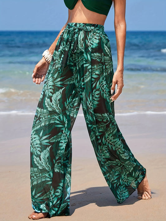 Tropical Palm Leaf Print Tie Front Beach Cover Up Pants
