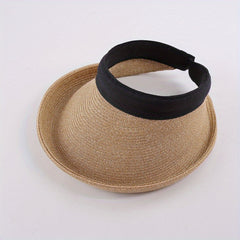 UV Protection Straw Sun Hat Roll Brim Ponytail Visor Hat Vintage Beach Hats