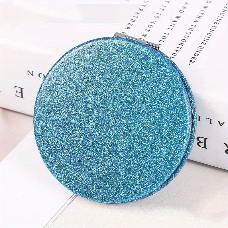 Glitter Leather Compact Mirror Double Side Folding Travel Vanity Mirror