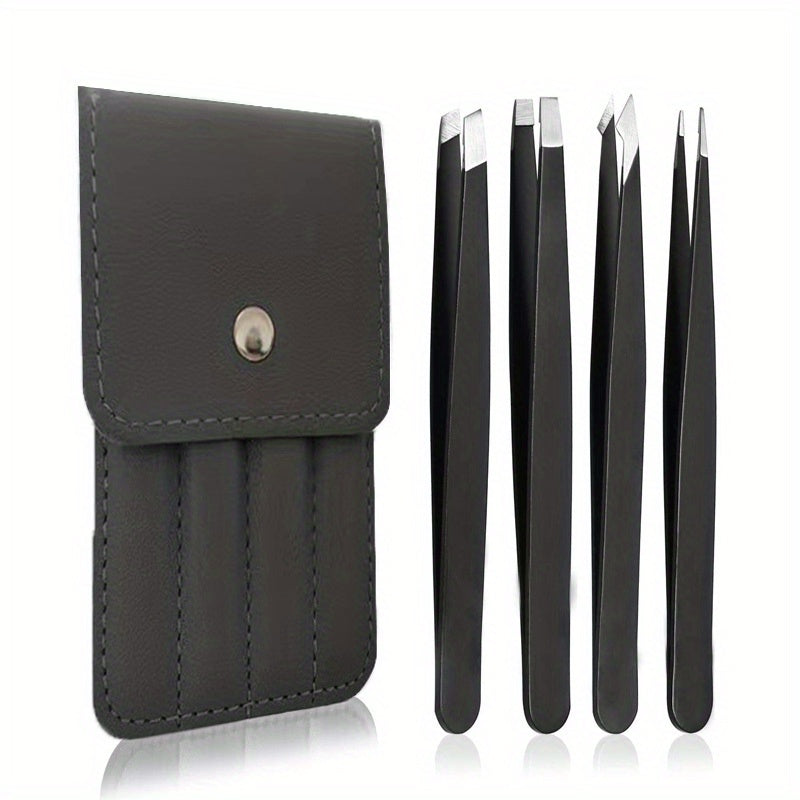 4pcs Stainless Steel Tweezers Set Precision Eyebrow Hair Removal Storage Box