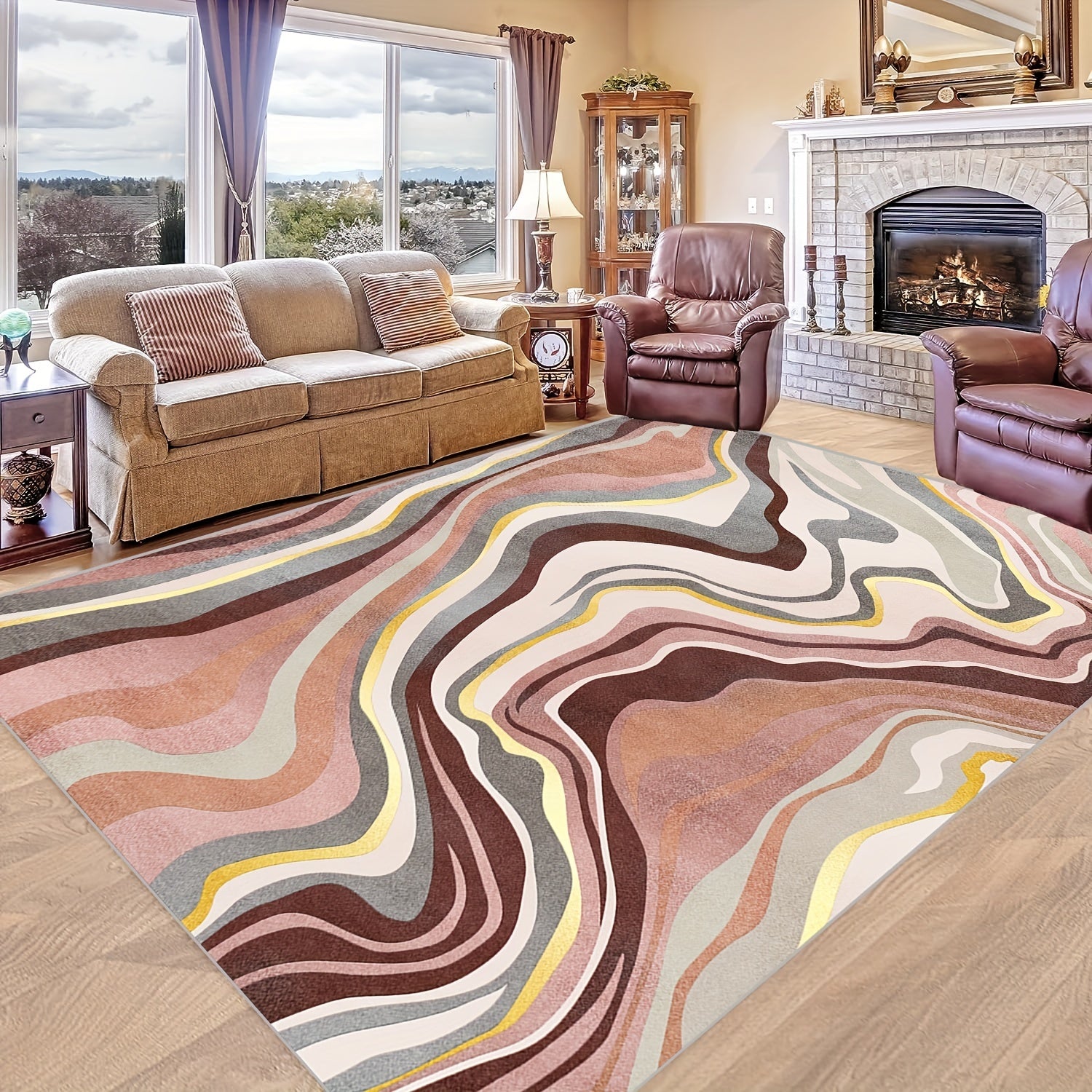 Striped Wave Area Rug Soft Faux Sheepskin Floor Mat for Living Room Bedroom