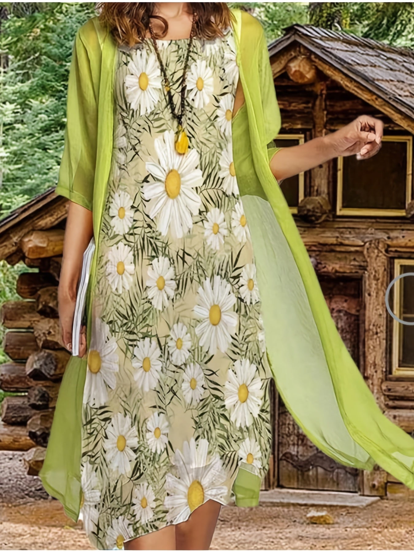Women's Plus Floral Print Dress & Sheer Cardigan Set