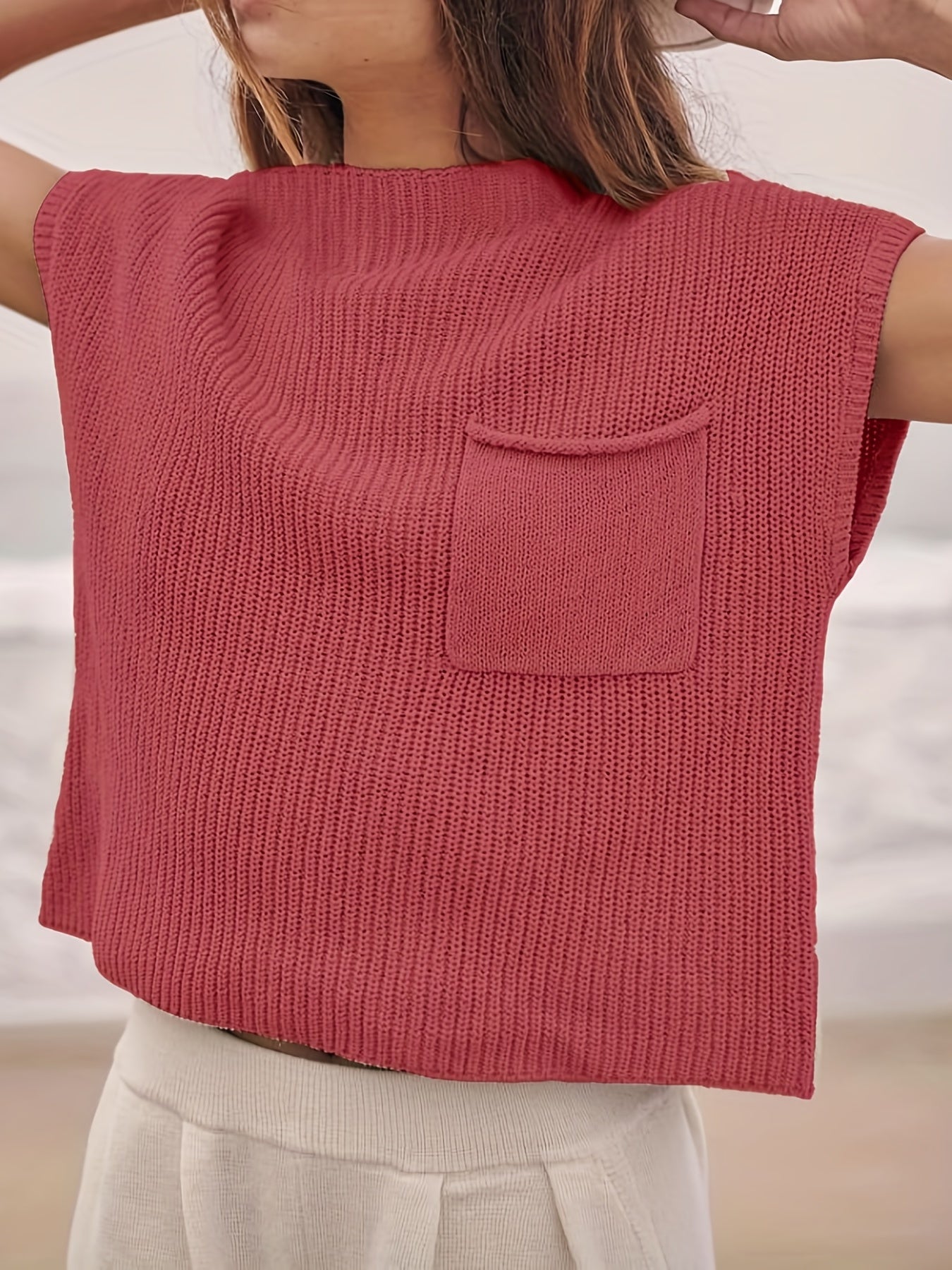 Women's Solid Sweater Vest Casual Crew Neck Short Sleeve