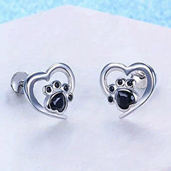 Cat Dog Footprint Heart Stud Earrings Silver Plated Daily Wear Gift