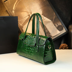 Vintage Crocodile Pattern Leather Handbag with Shoulder Strap & Wristlet