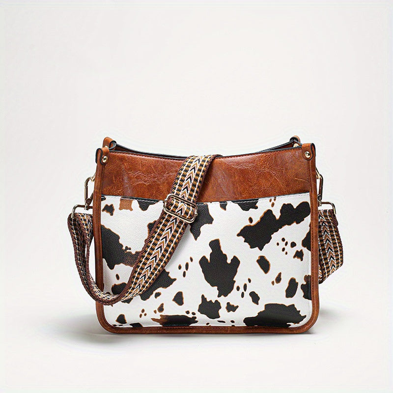 Cow Pattern Shoulder Bag Faux Leather Crossbody Bag with Vintage Strap