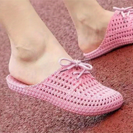 Women's Bowknot Hollow Out Flat Slides Closed Toe Mules