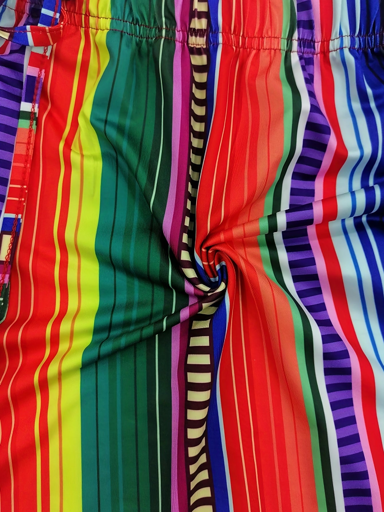  Rainbow Striped Print Medium Stretch Tie Shorts