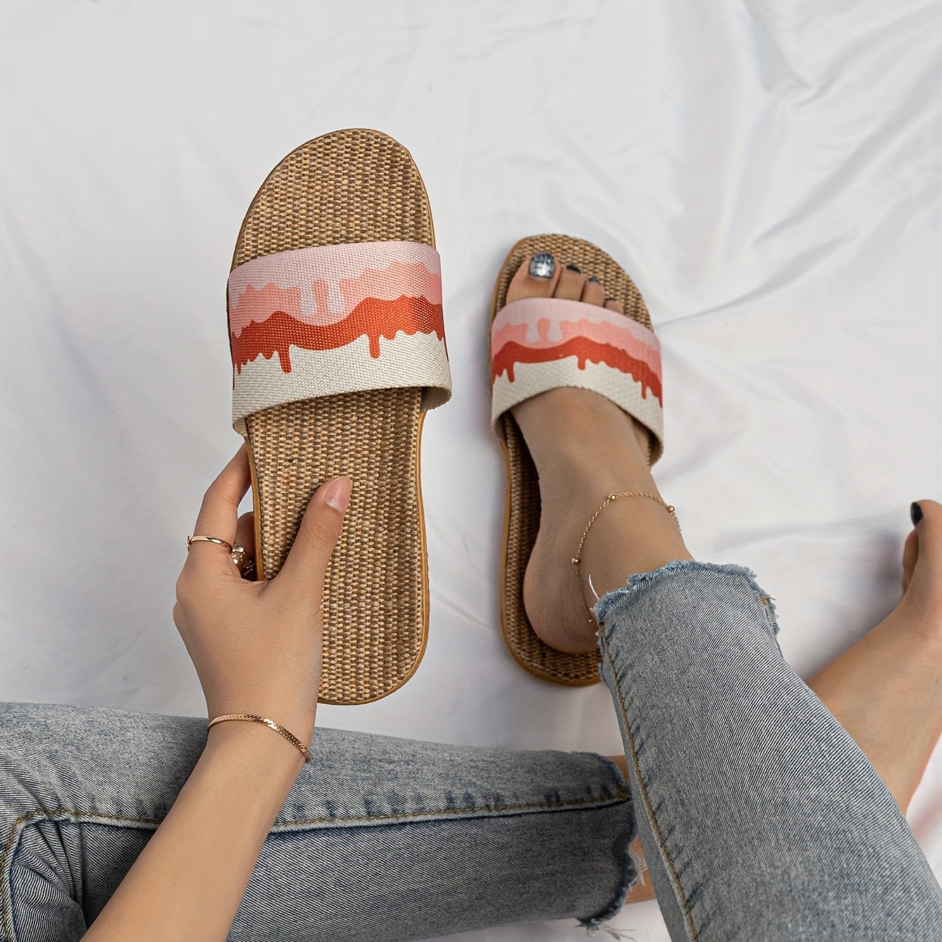 Women's Linen Flat Slides Casual Open Toe Non Slip Indoor Shoes