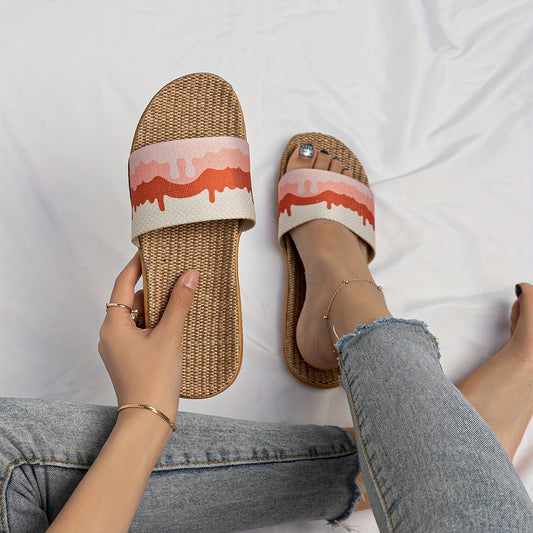 Women's Linen Flat Slides Casual Open Toe Non Slip Indoor Shoes
