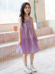 Girl's Lavender Cotton Dress Halter Sleeveless Princess Style Skirt