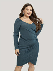  Solid Shinny Surplice Neck Long Sleeve Wrap Cocktail Dress