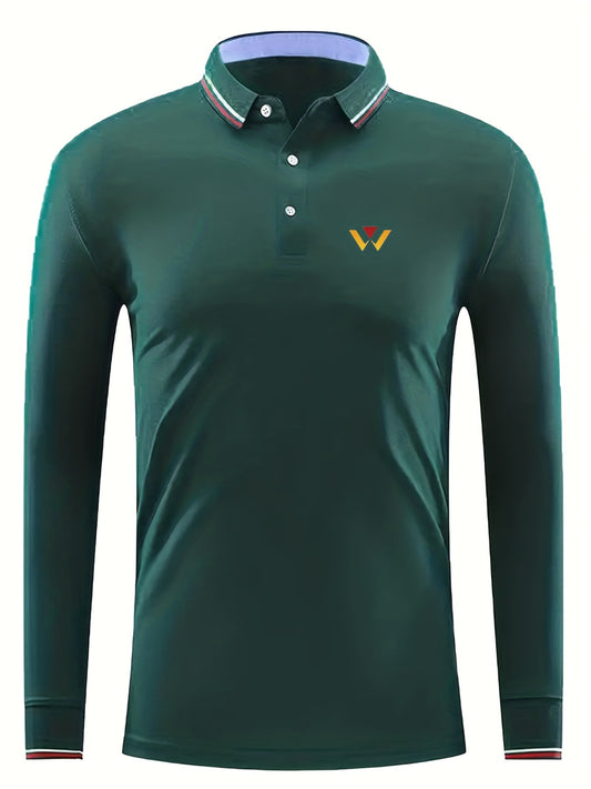 Men's Geometry Print Long Sleeve Polo Shirt Casual Slightly Stretch Breathable