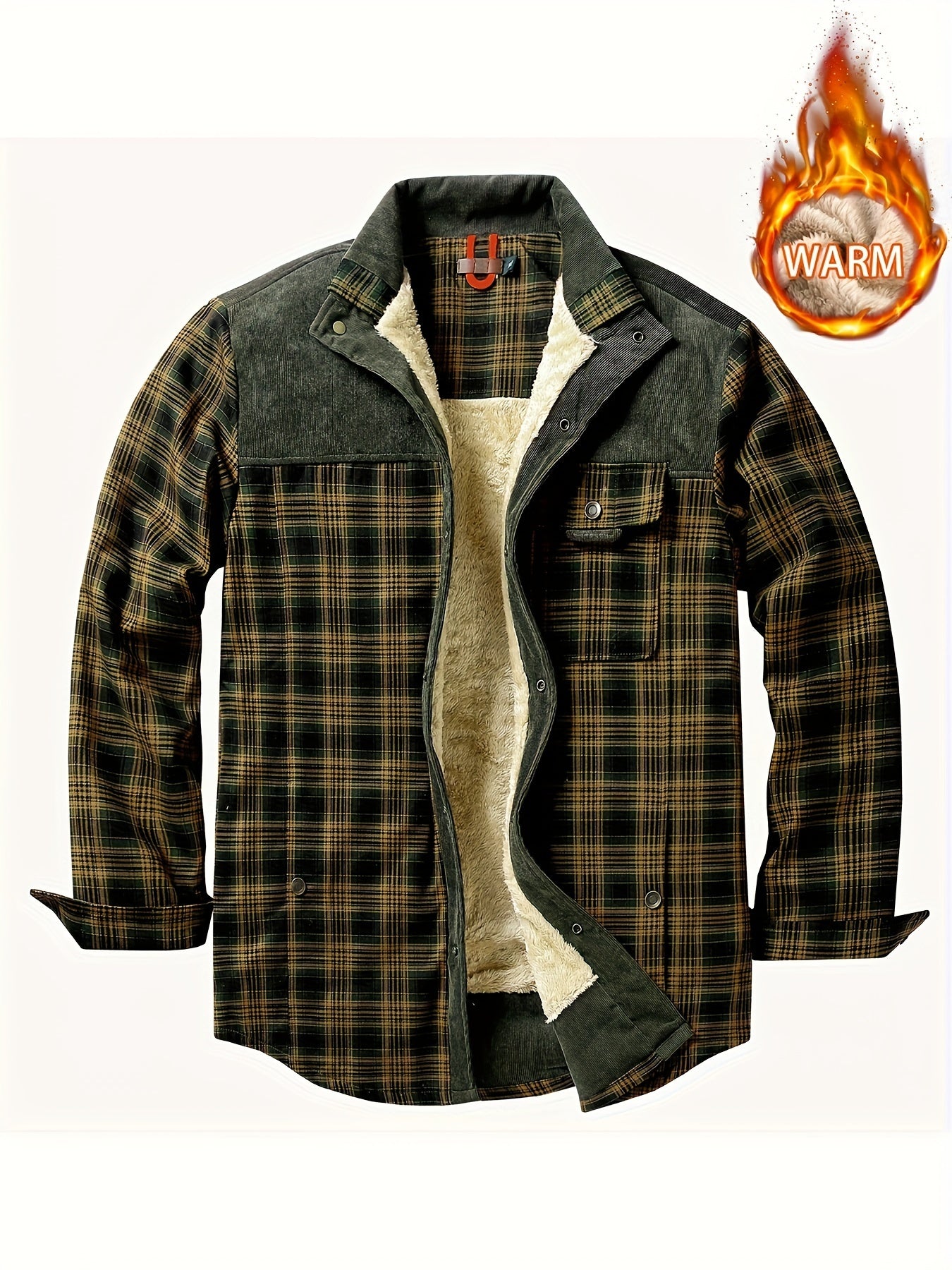 Men's Plaid Print Jacket Windproof Thermal Lapel Winter Shirt