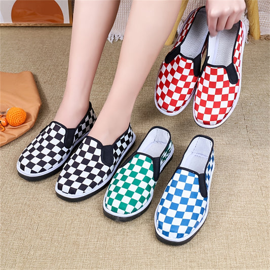 Women's Checker Pattern Canvas Shoes Slip On Flat Loafers
