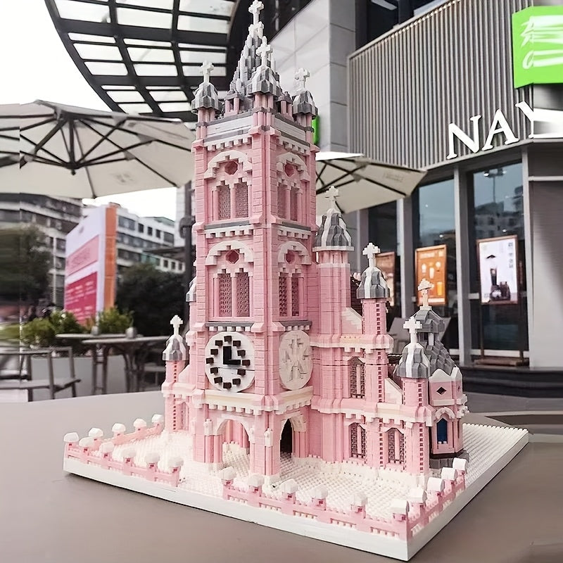Pink Gothic Church Building Brick Model 3D Assembly Toy
