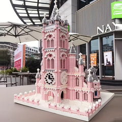 Pink Gothic Church Building Brick Model 3D Assembly Toy