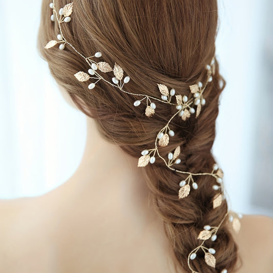 Faux Pearl Hairband Golden Leaf Headband Wedding Hair Jewelry