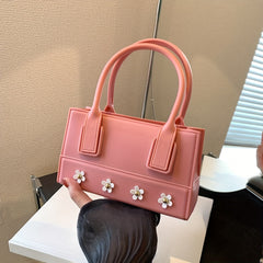Flower Top Handle Satchel Handbag PU Leather Purse Lipstick Bag