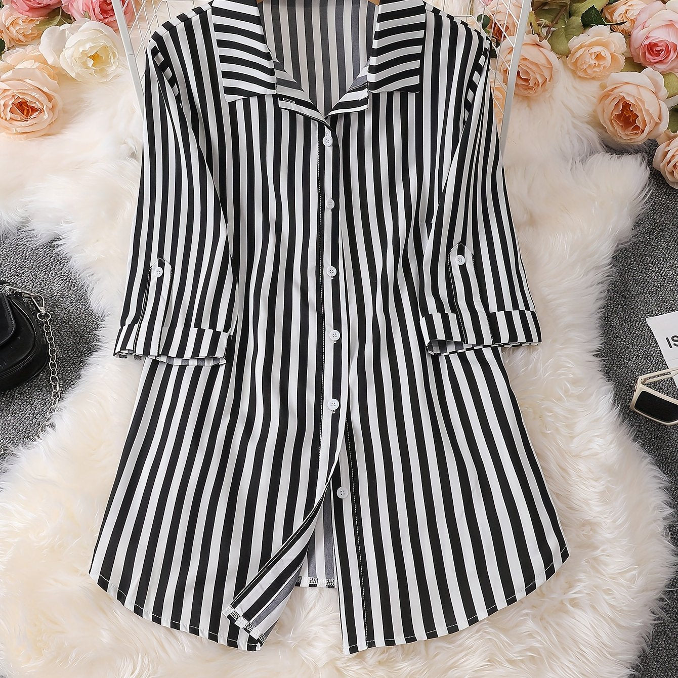  Blouse Women's Plus Stripe Print Button Up Roll Up Long Sleeve
