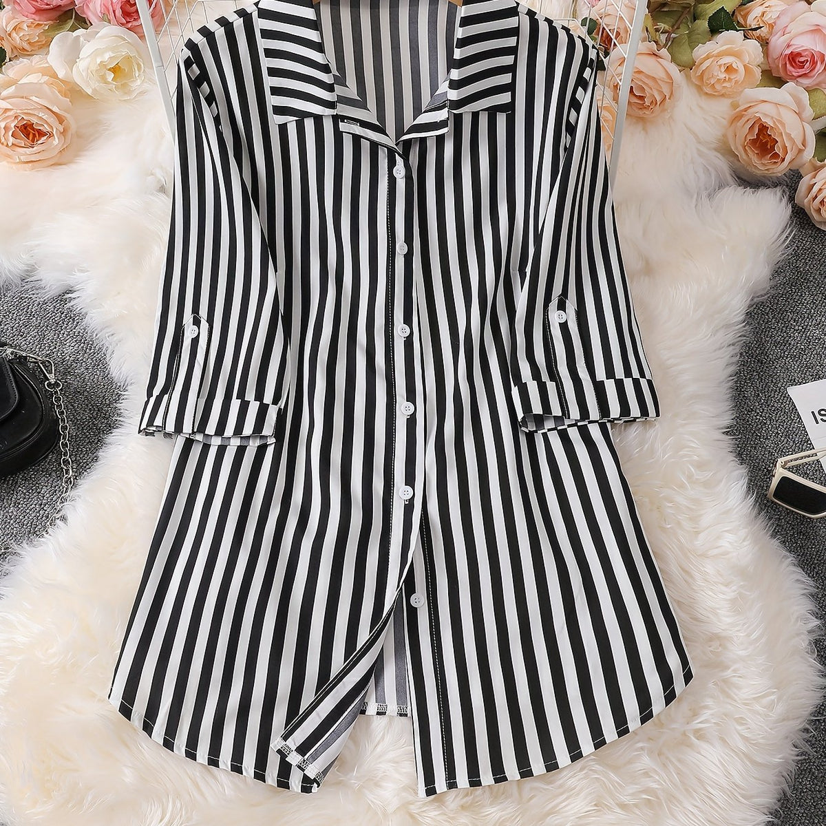  Blouse Women's Plus Stripe Print Button Up Roll Up Long Sleeve