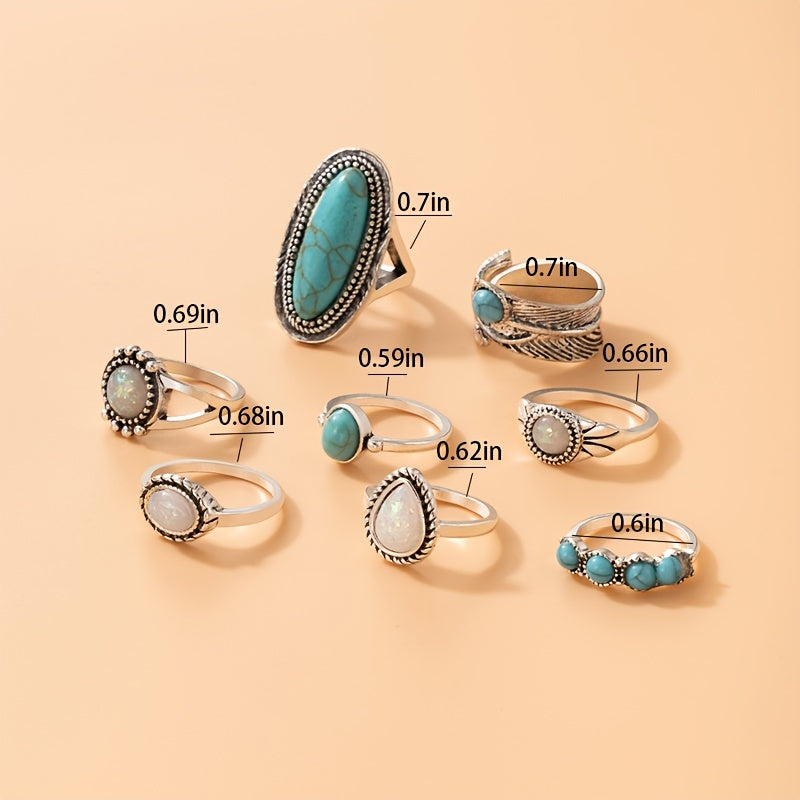 Vintage Turquoise Feather Ring Set 8pcs