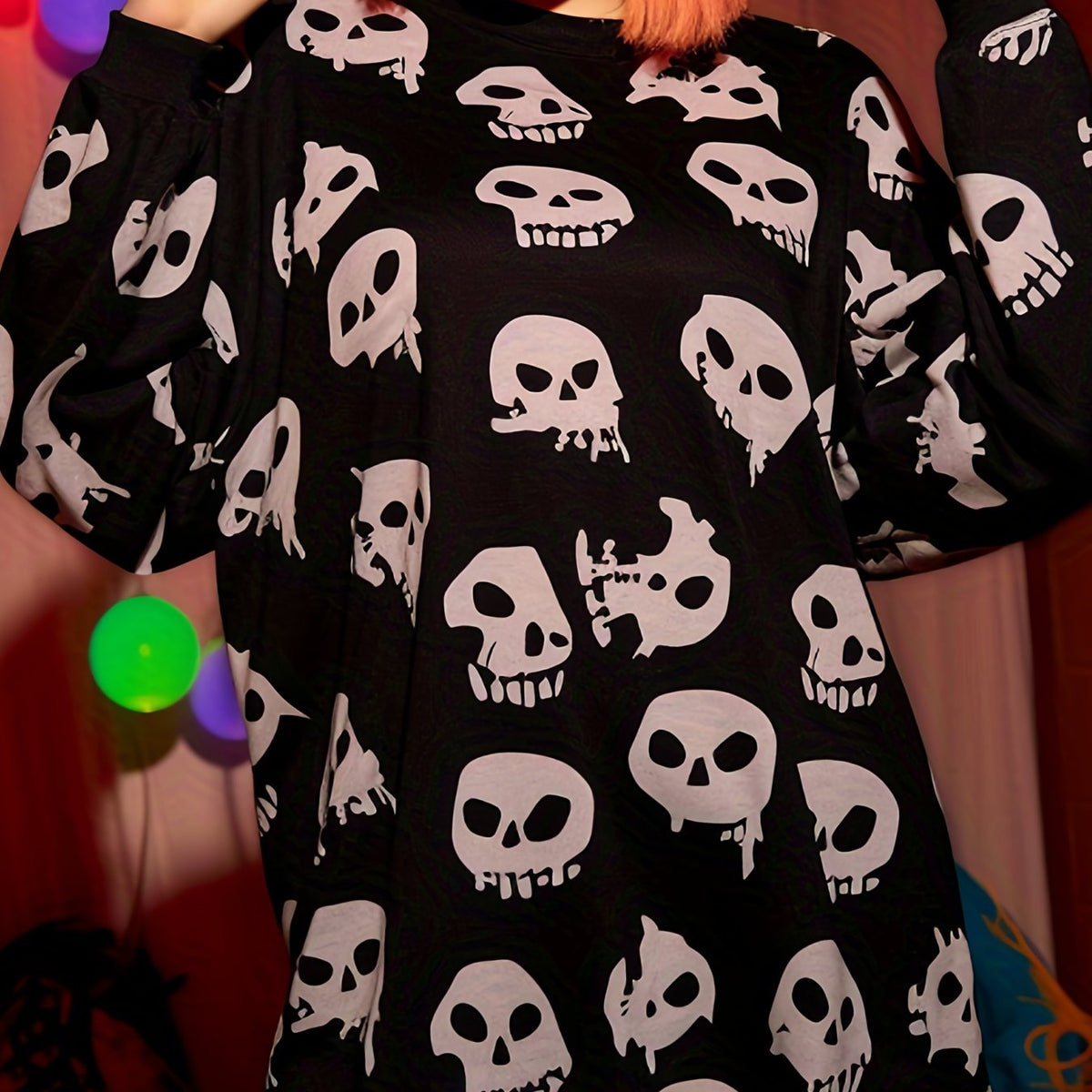  Halloween Skull Print Long Sleeve Top