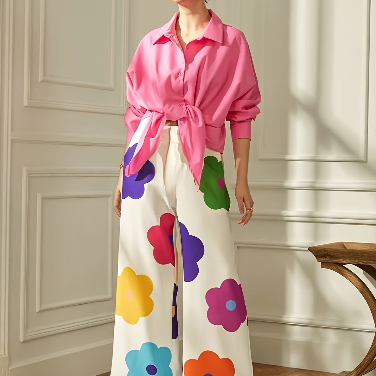  Solid Button Long Sleeve Shirt & Floral Wide Leg Pant