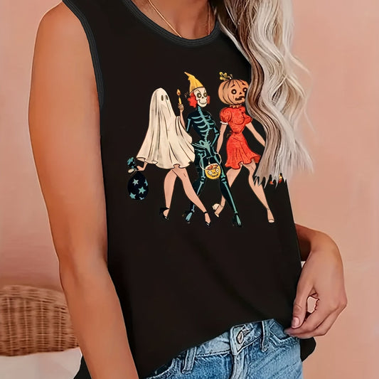  Coconut Tree & Wave Print Tank Top - Round Neck