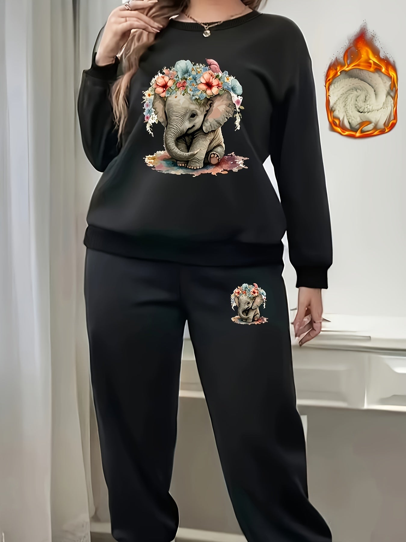 Women's Plus Elephant Print Fleece Top & Joggers Set