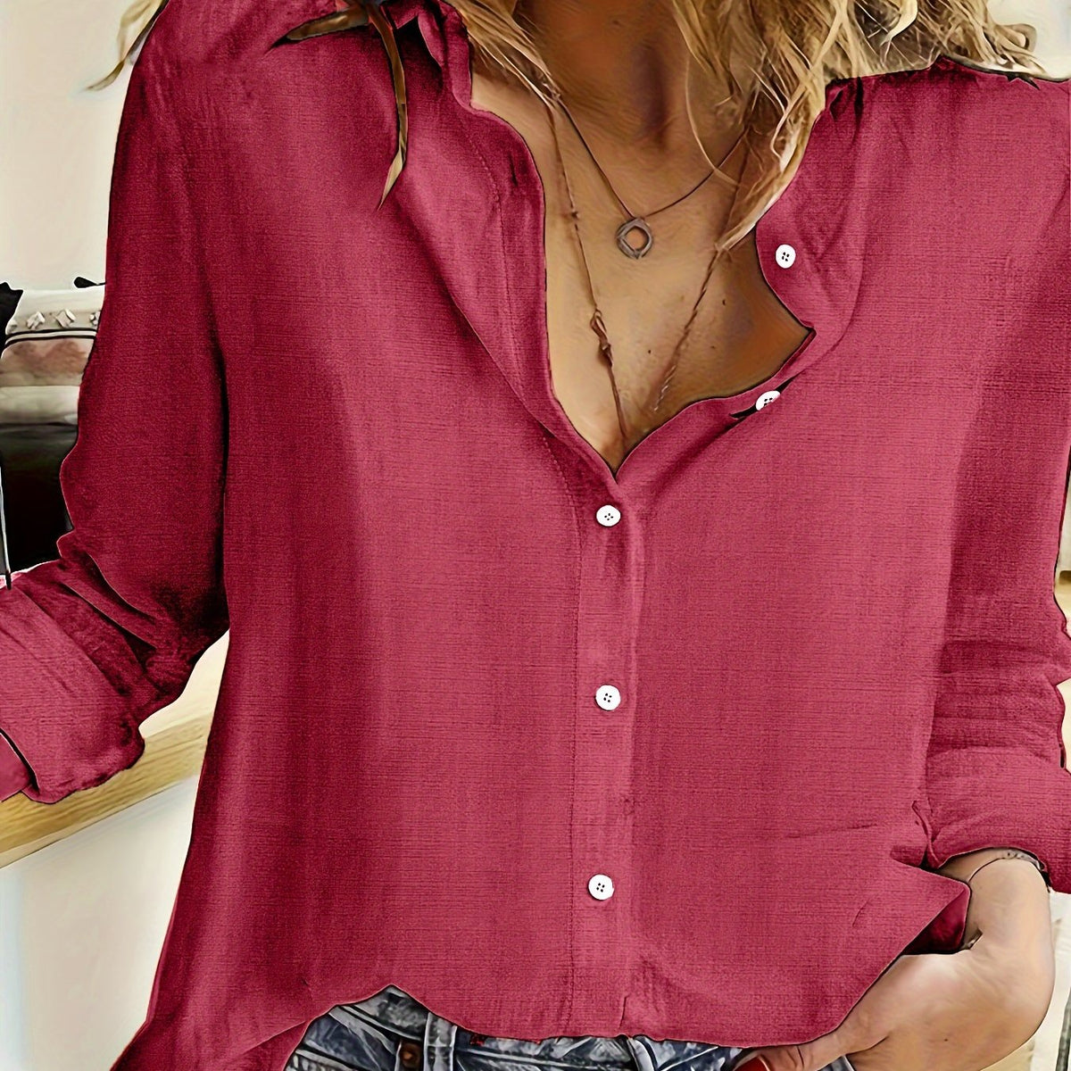  Casual Solid Long Sleeve Blouse Lapel Collar Top
