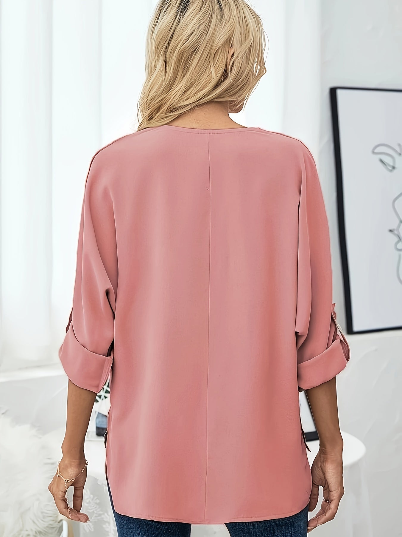  Solid Long Sleeve Notched Neck Shirt Top
