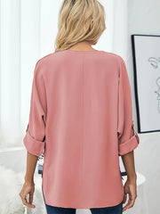  Solid Long Sleeve Notched Neck Shirt Top